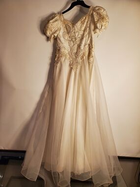 Vintage Girls' Formal Gown Rhinestones, Lace & Pearls with Puff Sleeves